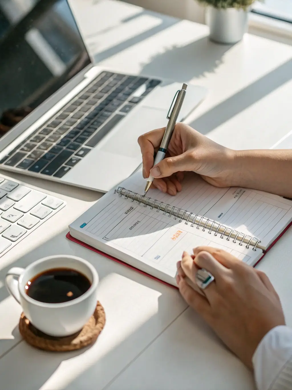 A person thoughtfully planning and organizing tasks, emphasizing time management and productivity.