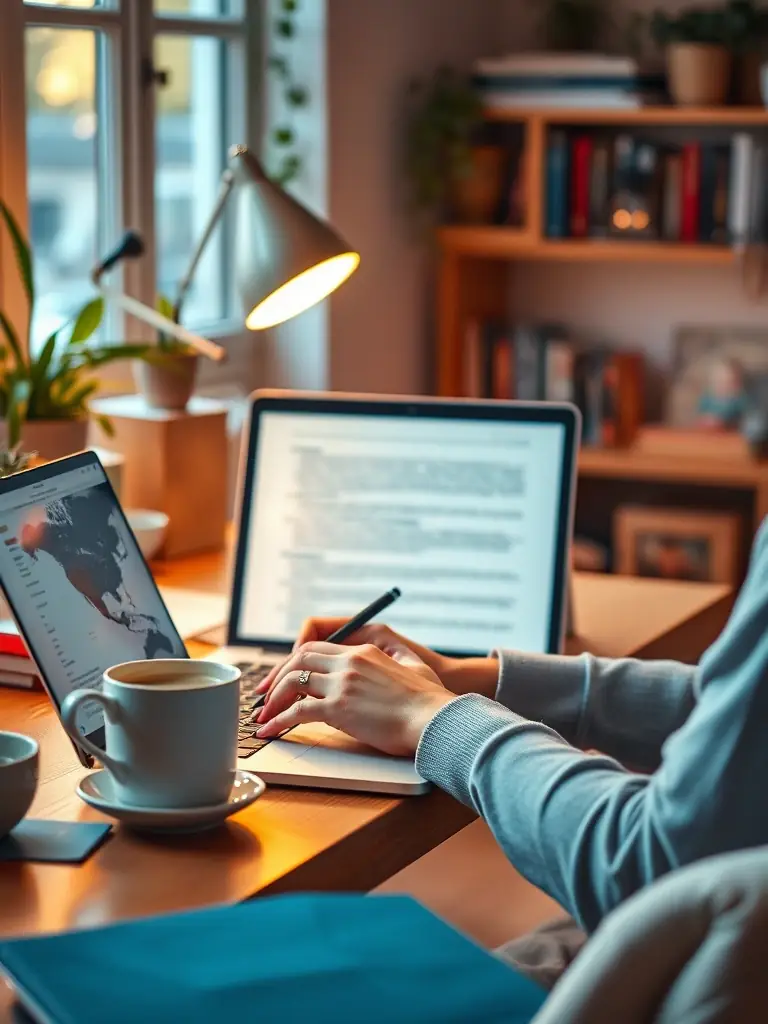 A person using a laptop in a well-lit, comfortable workspace, showcasing digital literacy and online engagement.