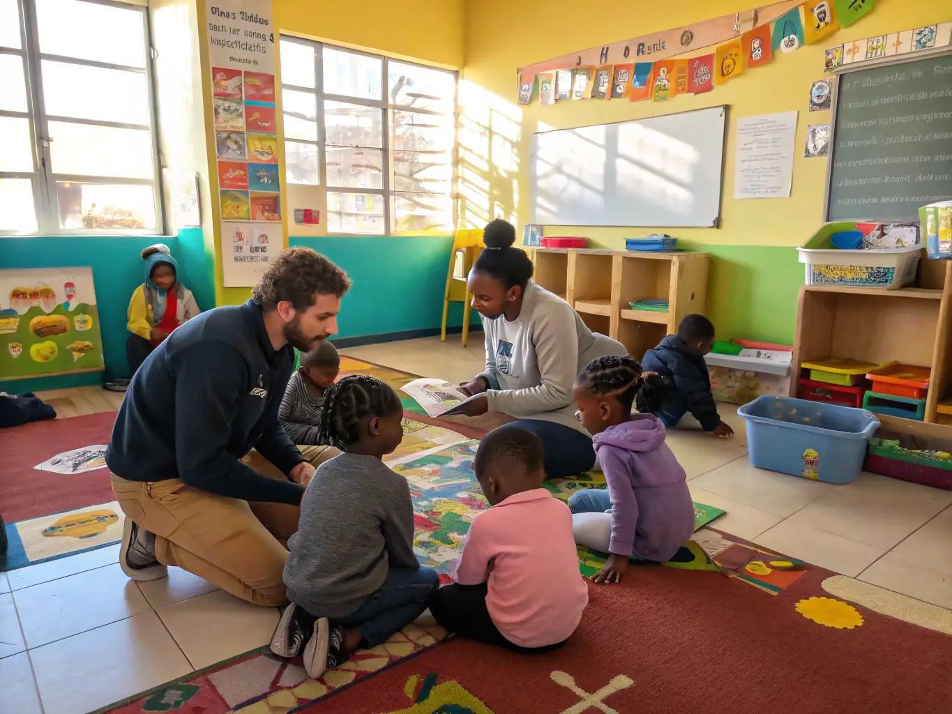 A heartwarming photo of GrowFaithImpact volunteers teaching children in an after-school program, emphasizing education and mentorship.