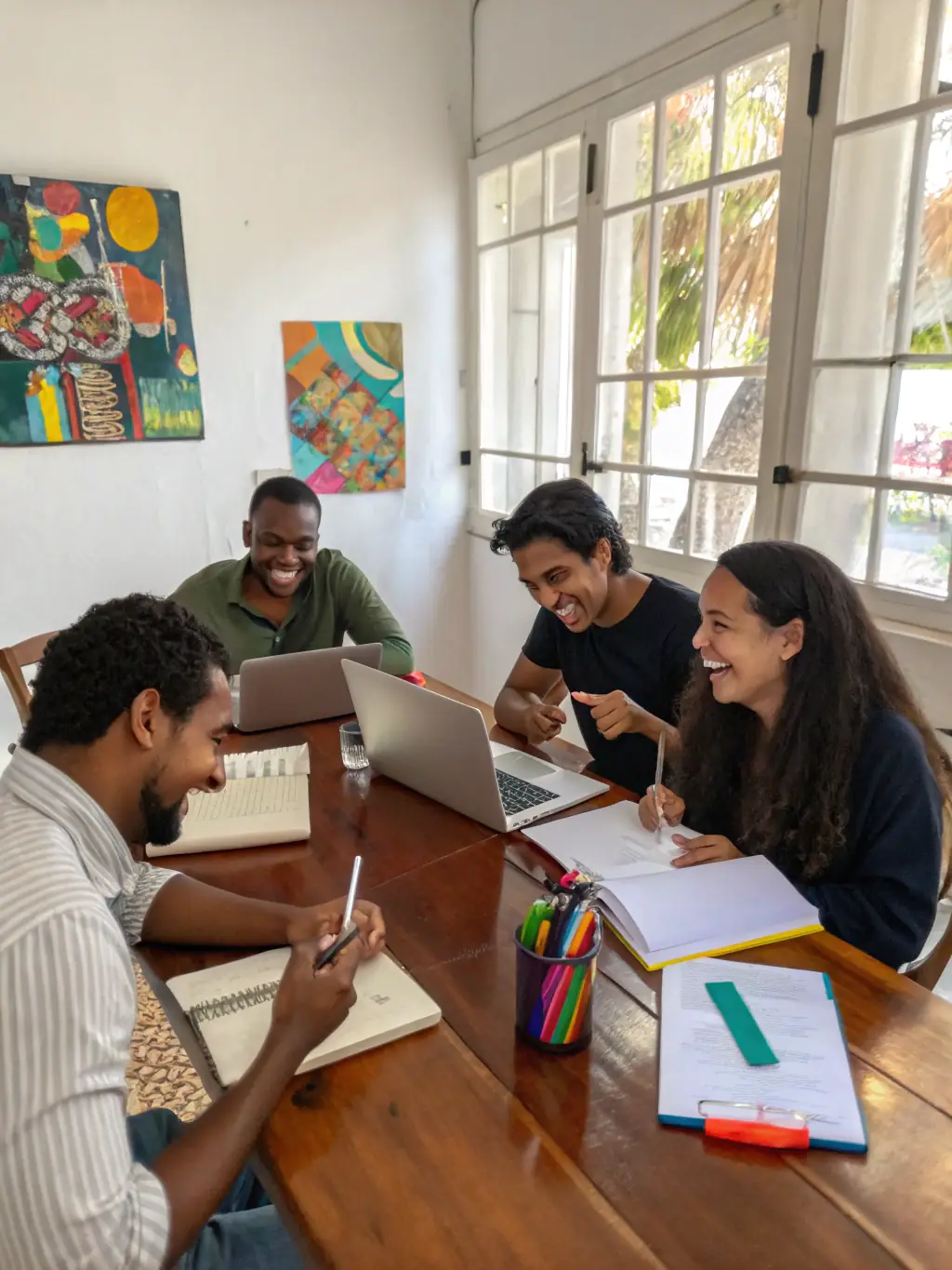 A diverse group of people collaborating on a project, highlighting teamwork and interpersonal skills.