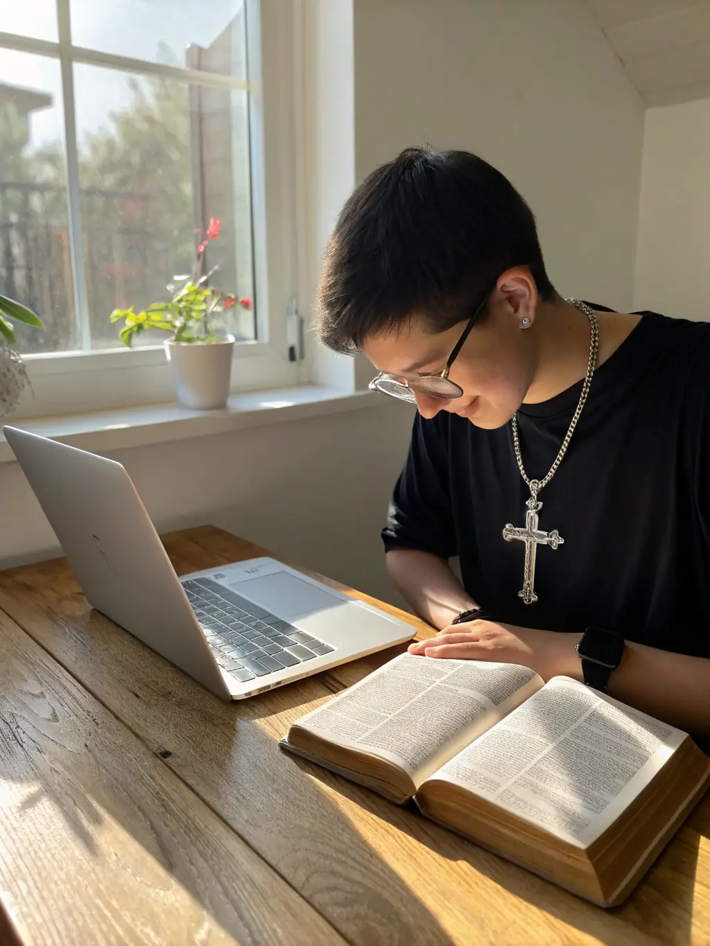 An individual using digital tools to enhance their spiritual studies, representing the integration of faith and technology, emphasizing the 'Faith' pillar.