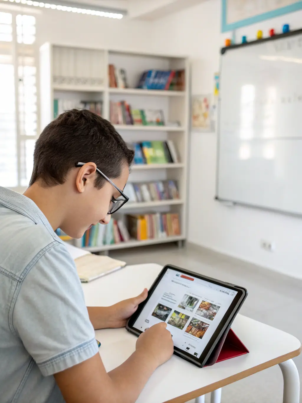 A person confidently navigating online resources on a tablet, illustrating safe and responsible technology use, reflecting the 'Grow' pillar.