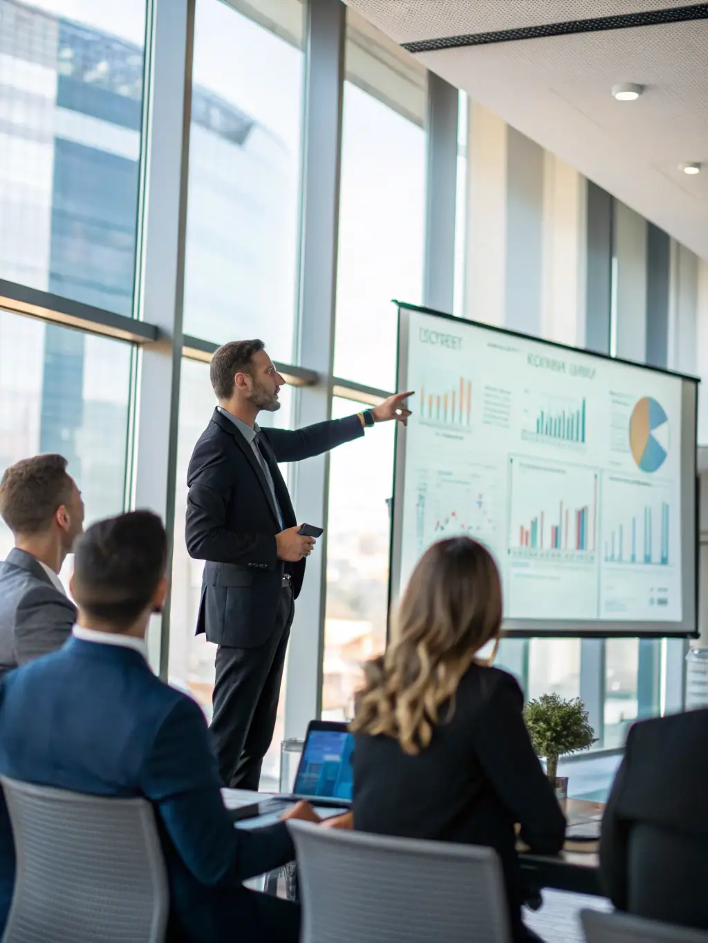 A person confidently presenting to a team in a modern office setting, emphasizing clear and engaging communication.