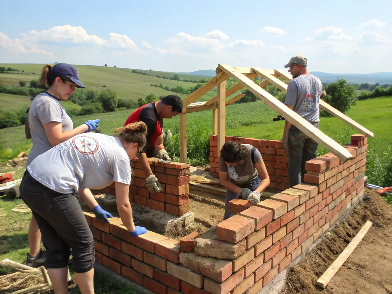 A vibrant photograph capturing volunteers from GrowFaithImpact working together to build a home in a developing community, showcasing teamwork and dedication.