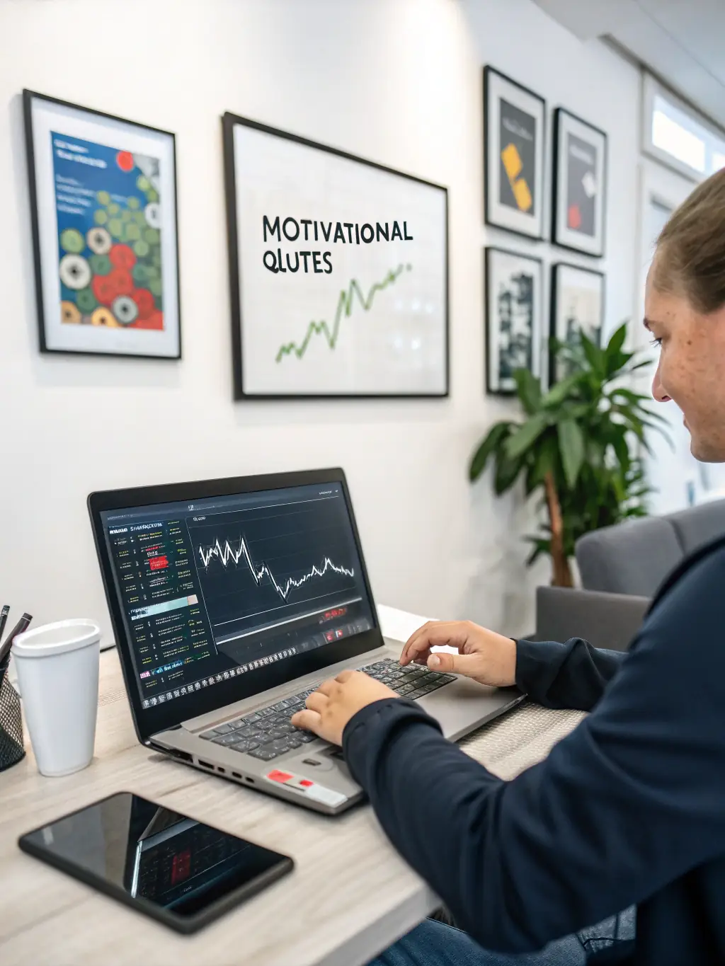 A person studying financial charts and graphs, symbolizing financial literacy and investment knowledge, set in a modern, well-lit office environment.