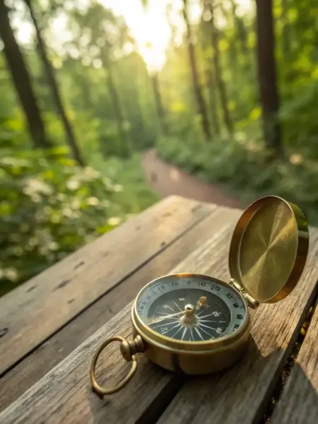 A compass pointing towards a bright star, symbolizing guidance and direction in finding one's purpose, set against a backdrop of a serene landscape, representing the 'Faith' pillar.